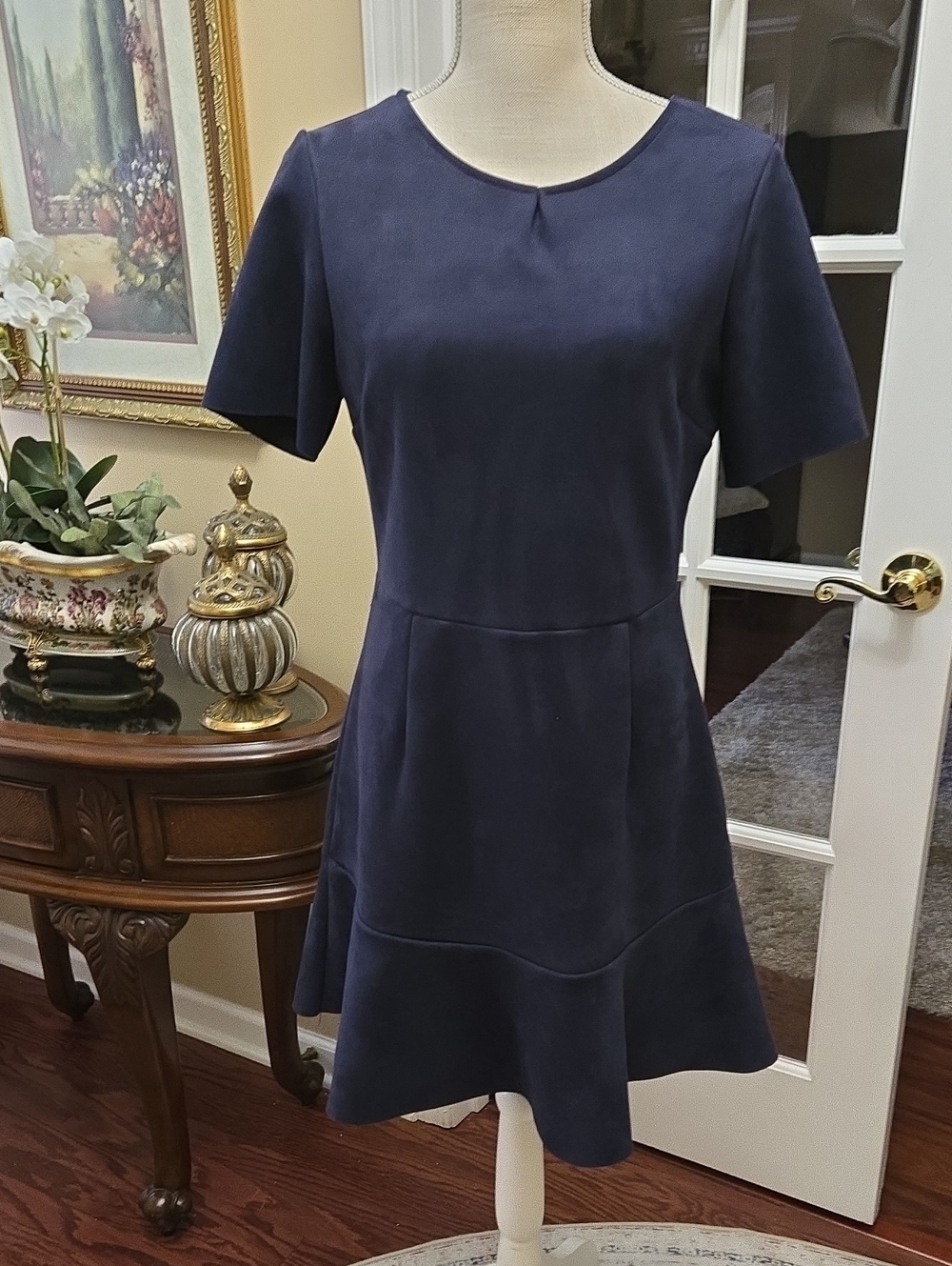 DownEast Navy Blue Short-Sleeve A-Line Mini Dress Brushed Stretch Fabric L EUC